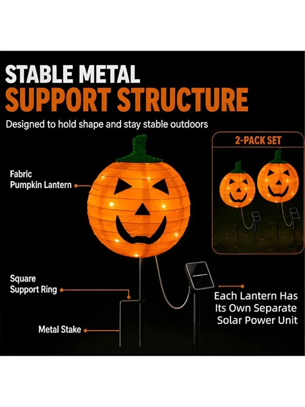 2Pack Solar Halloween Pumpkin Stake Light with 8 Lighting Modes, Fabric Lantern